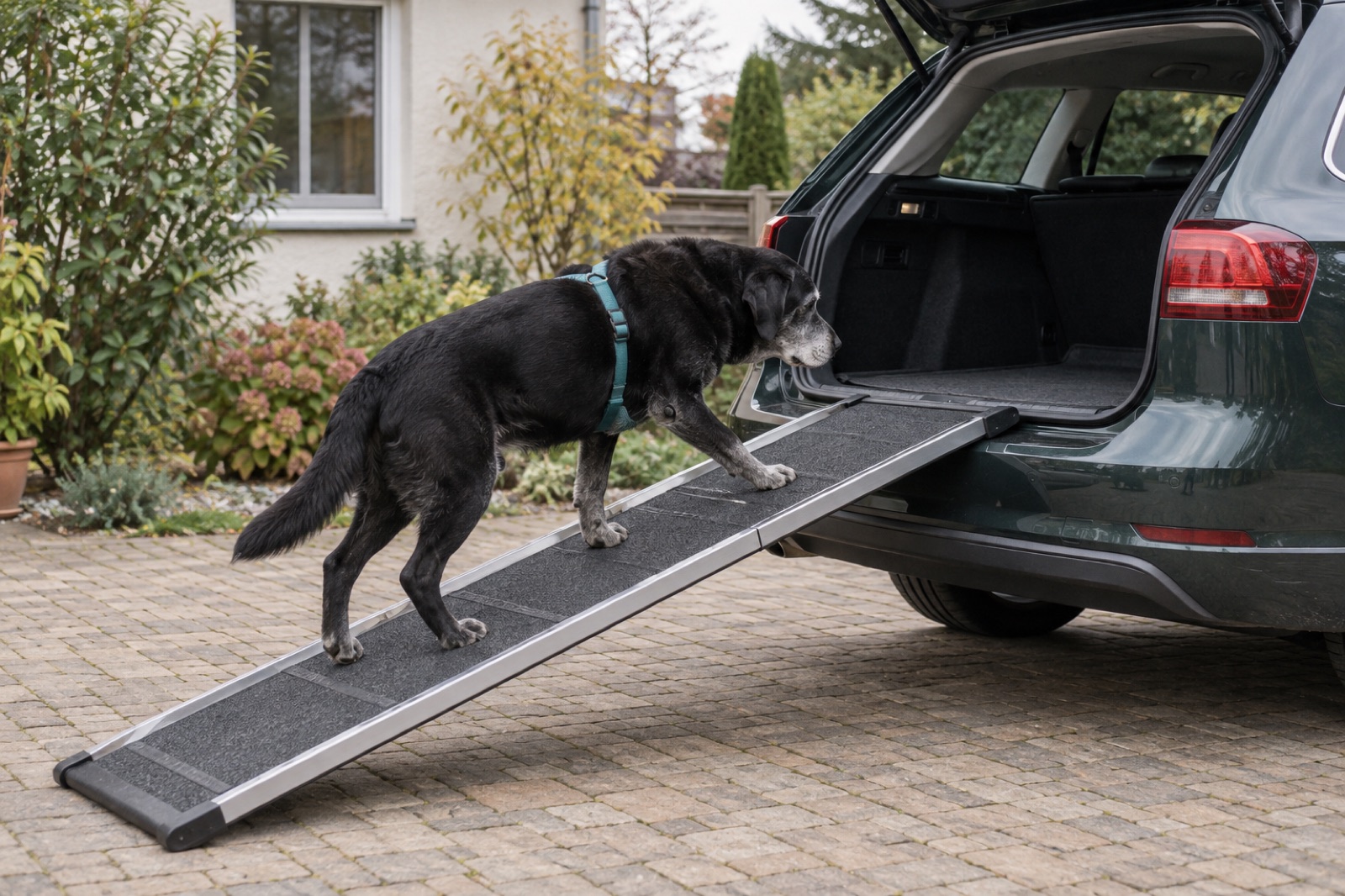 Ein alter schwarzer Labrador läuft über eine lange Rampe in den geöffneten Kofferraum eines Kombis.