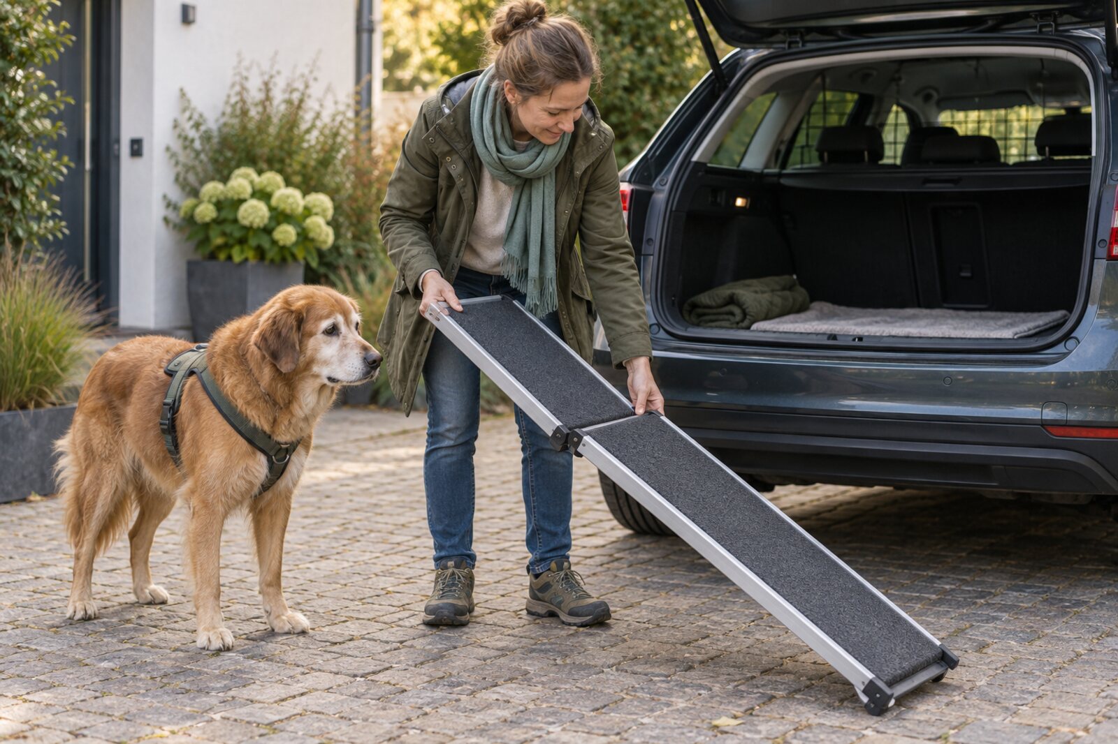 Eine Person zeigt neben einem alten Hund das Gelenk einer faltbaren Autorampe.