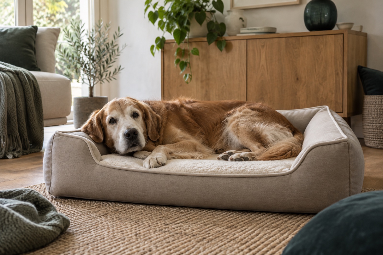 Ein großer alter Golden Retriever liegt ausgestreckt in einem geräumigen Hundebett.
