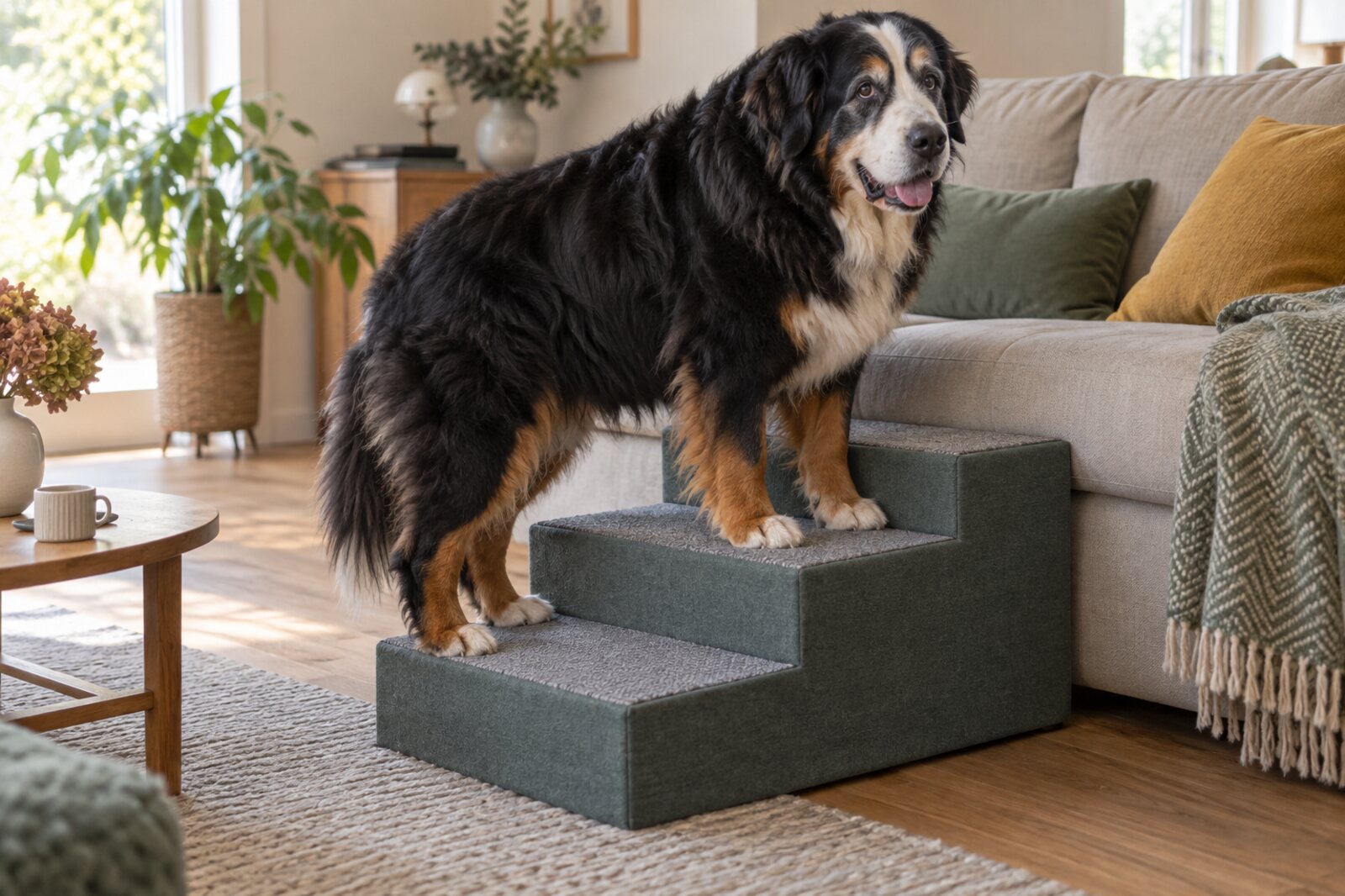 Ein großer alter Berner-Sennenhund-Mischling steht sicher auf einer breiten dreistufigen Hundetreppe vor einem Sofa.