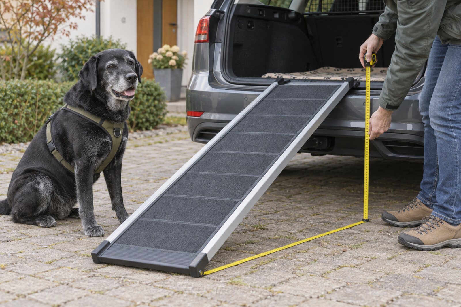 Neben einem alten Labrador werden Ladekantenhöhe und verfügbare Bodenlänge an einer Autorampe ausgemessen.