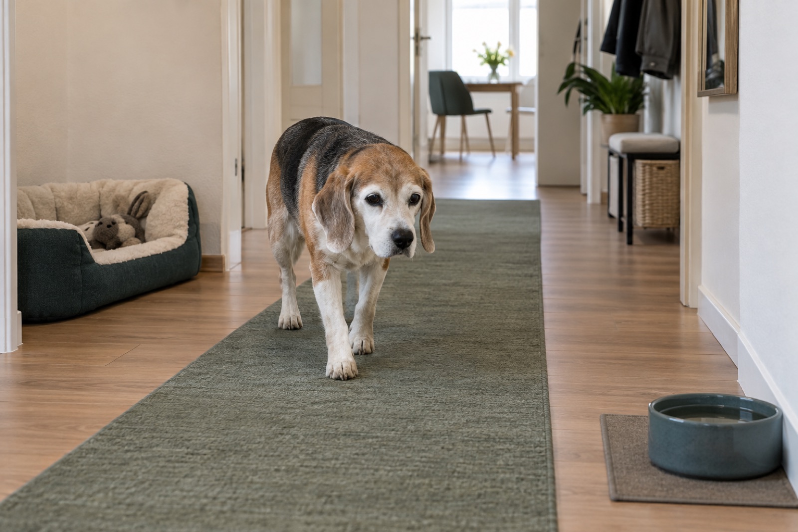 Ein alter Beagle läuft auf einem durchgehenden salbeigrünen Teppichläufer über Laminat vom Hundebett zum Wassernapf.